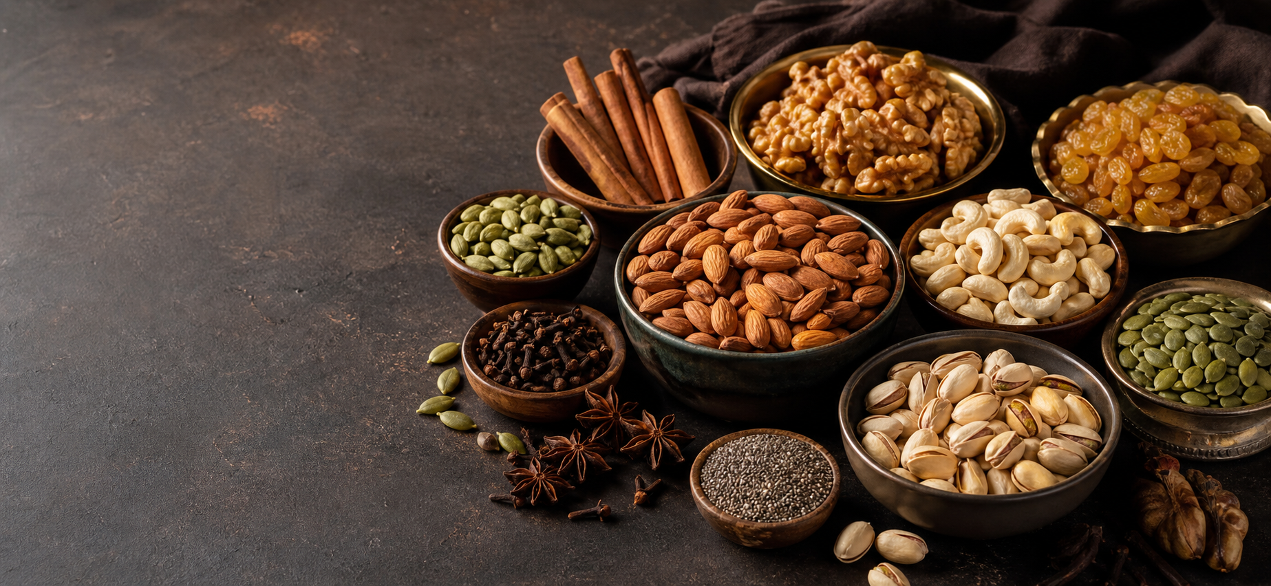 Assorted dry fruits, seeds and spices arranged in bowls